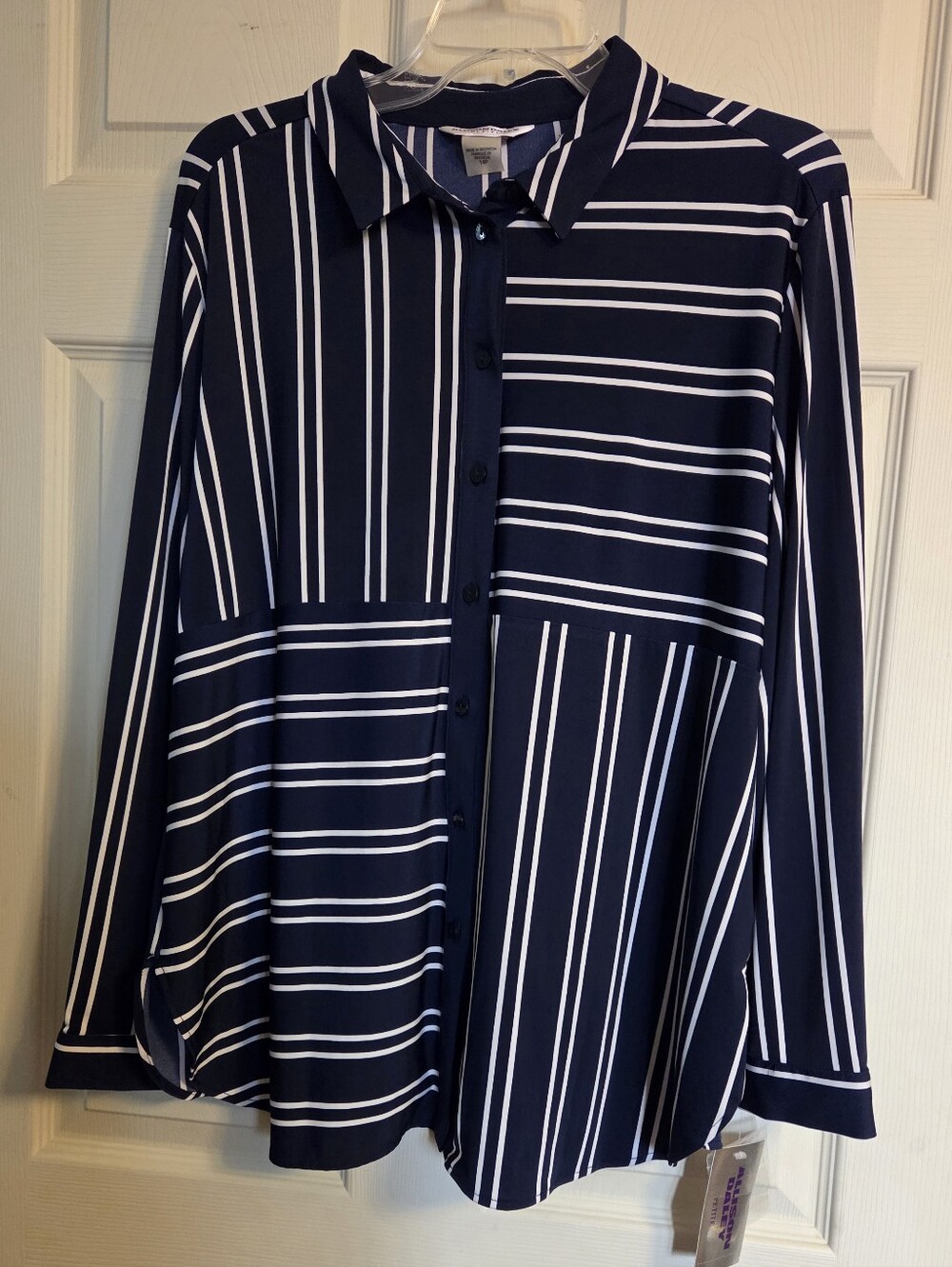 blue and white striped Allison Daley petite button-down shirt 14P NWT